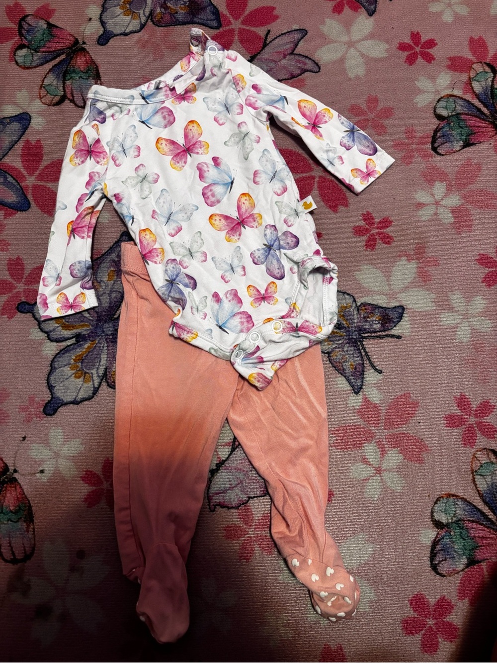 Posh Peanut White Butterfly Print Bodysuit with Peach Footed Pants